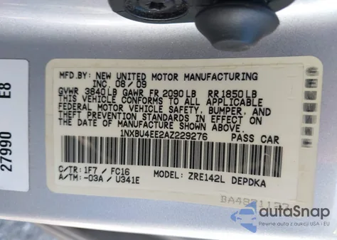 2010 Toyota Corolla Le from USA, damaged, VIN 1NXBU4EE2AZ229276